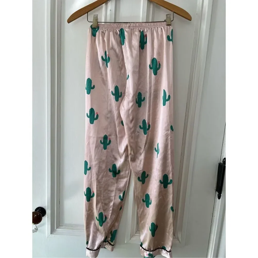 SHEIN girls light pink and green cactus print satin pajamas L